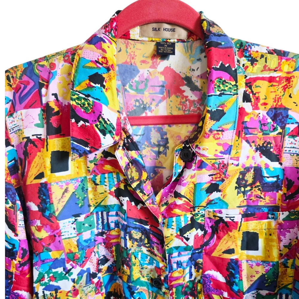 Silk House M Women's Multicolor Button Down Short Sleeve‎ Silk Shirt M